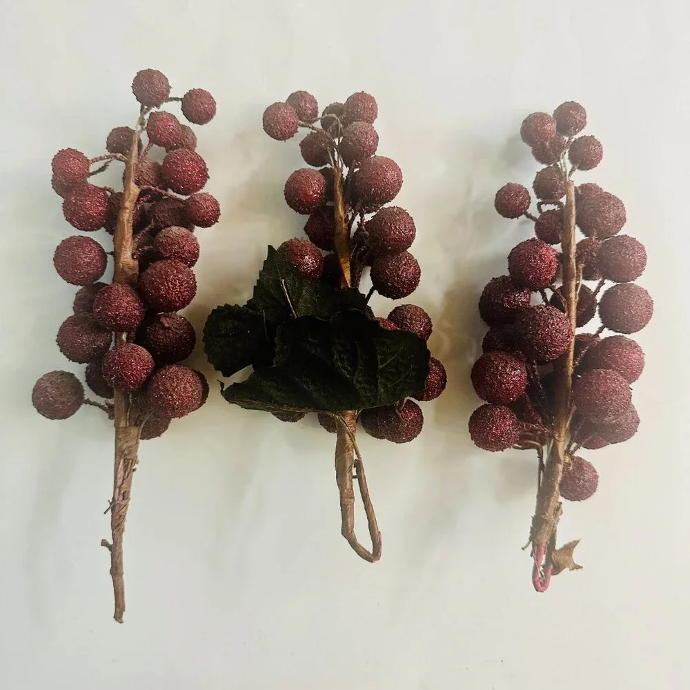 3 Strands Artificial Frosted Grapes Burgundy Faux Clusters Brown Stems Vintage